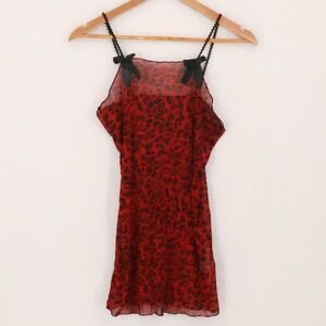 Y2K Leopard Print Slip Dress Nightie Top Womens Size S Red Black Sheer Mesh Bows